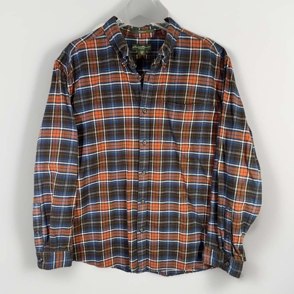 Eddie Bauer Flannel Shirt Mens 2XL Relaxed Fit Blue Orange Plaid